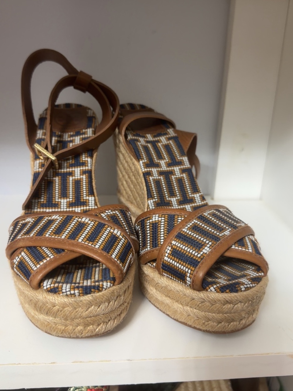 Tory Burch Tan and Navy Beaded Espadrille Wedge Sandals